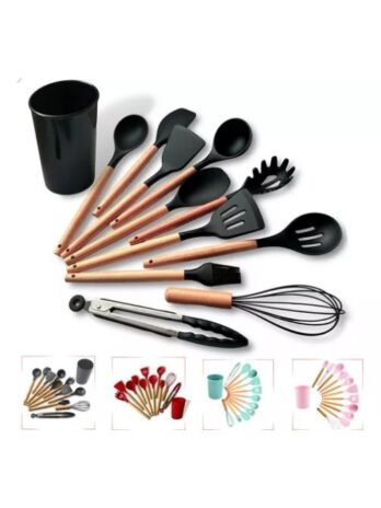 Kit C/12 Utensílios De Cozinha Silicone Cabo Madeira